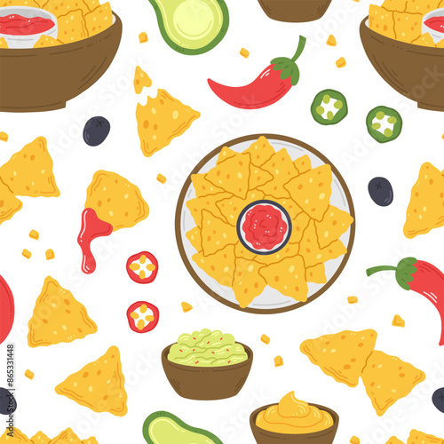 Seamless pattern with nachos snacks, sauces and peppers in cartoon flat style on a white background. Vector illustration of a background with traditional Mexican food