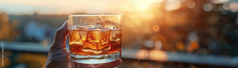 Hand holding a glass of whiskey with ice against a sunset background, capturing a relaxing and serene moment. Hand holding a glass of whiskey with ice against a sunset background, capturing a relaxing and serene moment.