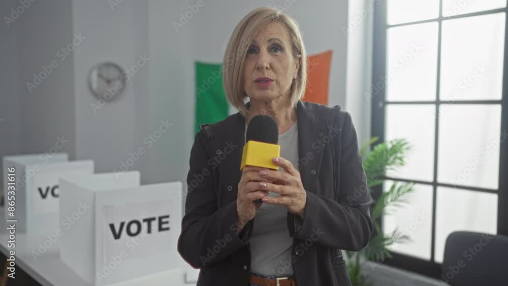 A mature woman reports at an electoral college in ireland, holding a microphone with voting booths and an irish flag in the background. A mature woman reports at an electoral college in ireland, holding a microphone with voting booths and an irish flag in the background.