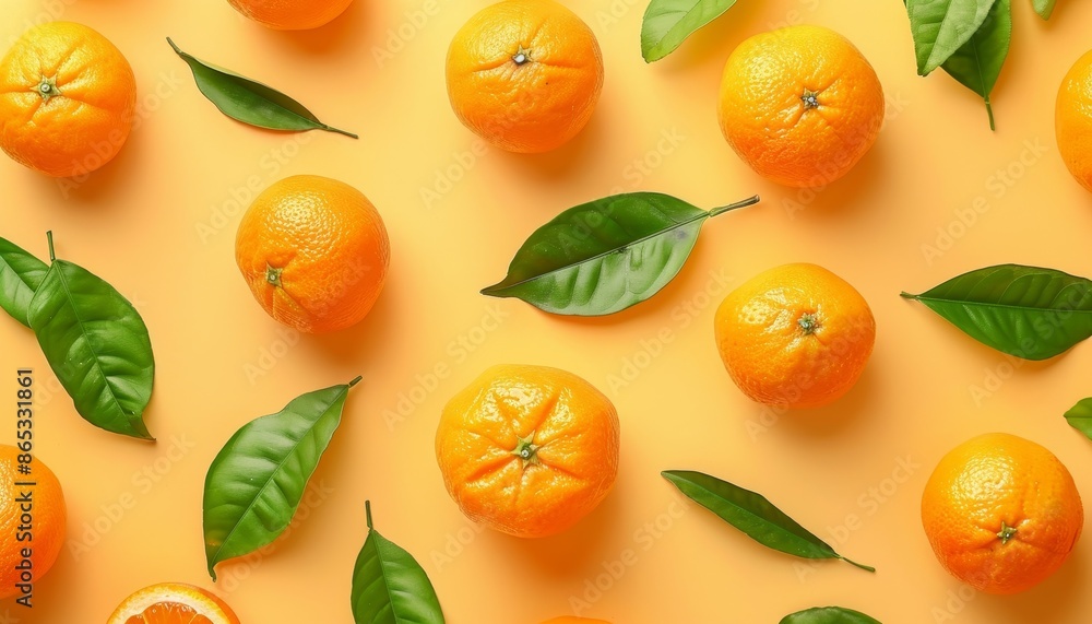 Yellow background with tangerines or mandarins and leaves Yellow background with tangerines or mandarins and leaves