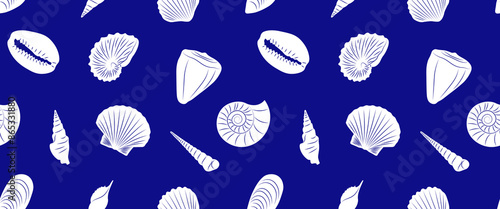 Seamless pattern of white seashell shapes on a blue background