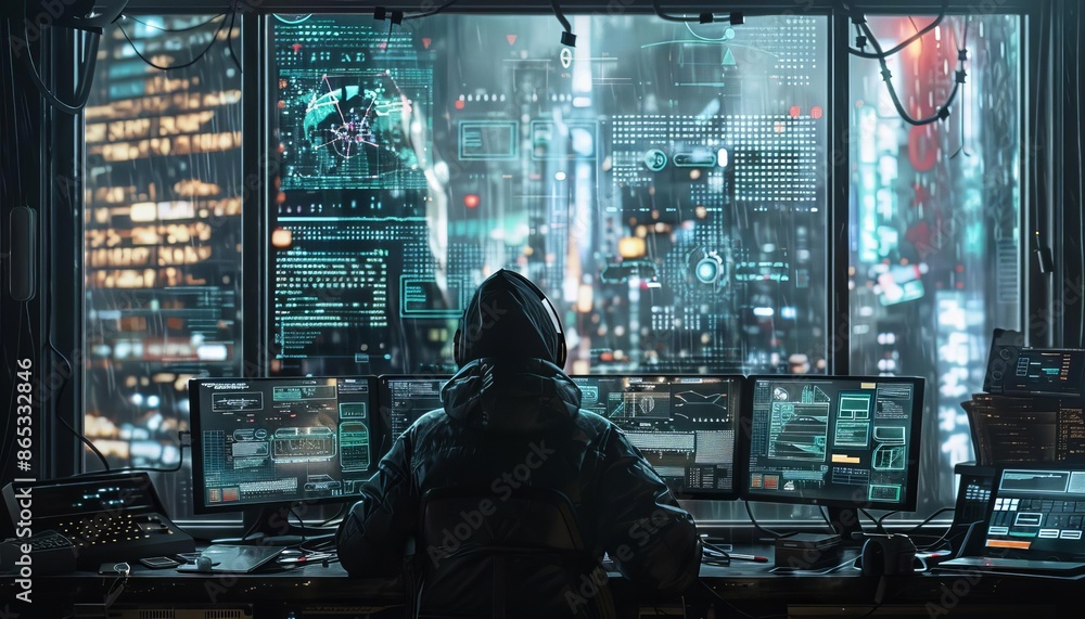 Hacker sitting in a dark room with multiple computer screens displaying data, overlooking a futuristic cityscape at night. Hacker sitting in a dark room with multiple computer screens displaying data, overlooking a futuristic cityscape at night.