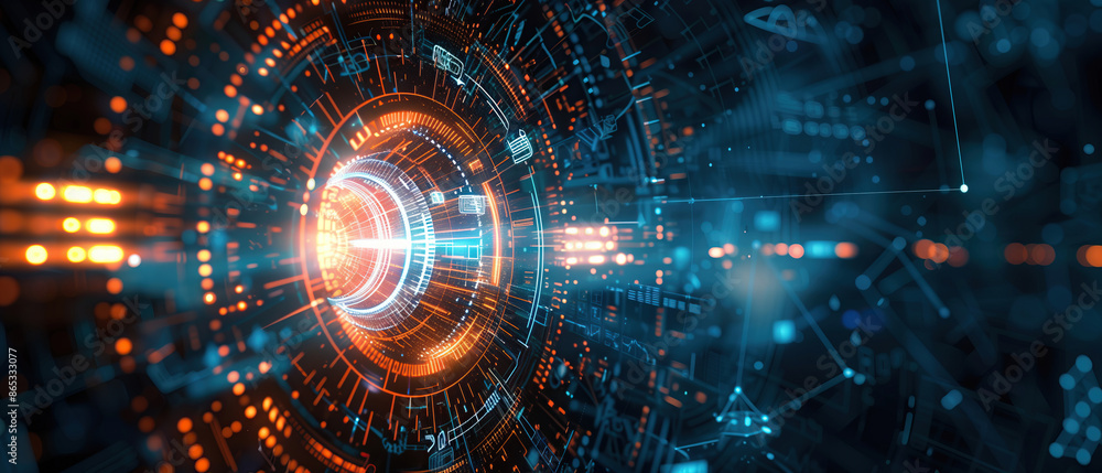 Fototapeta premium A digital gateway to innovation: Abstract digital representation of a software interface with glowing lights and intricate circuitry, symbolizing the limitless potential of modern technology
