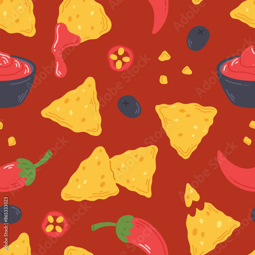 Seamless pattern with nachos snack, salsa sauce and peppers in cartoon flat style on a red background. Vector illustration of a background with traditional Mexican food