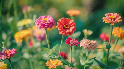 Zinnia flowers in the daylight of the spring