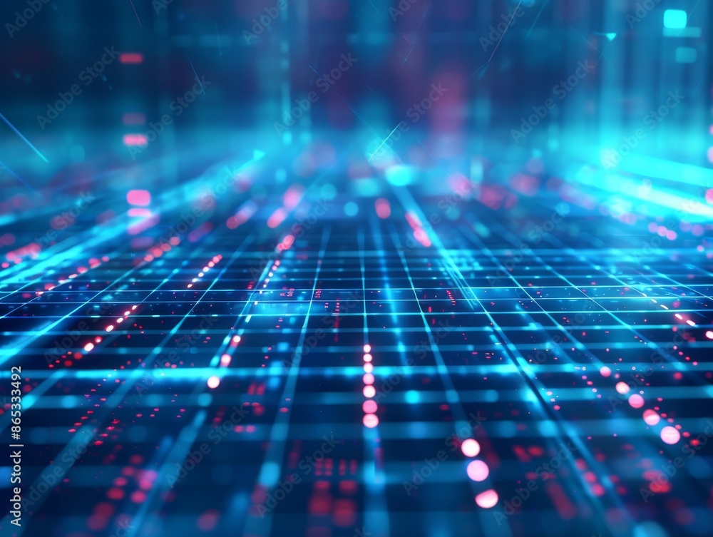 Blue technology background with glowing lines and holographic elements on the surface of an abstract grid in perspective view Blue technology background with glowing lines and holographic elements on the surface of an abstract grid in perspective view