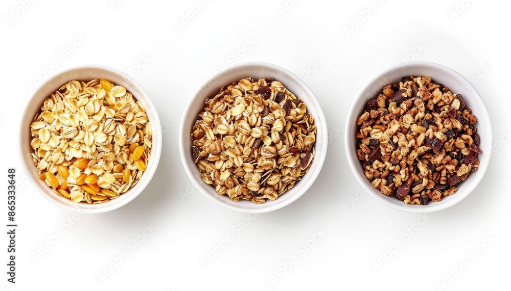 Whole grain muesli in white bowl isolated on white background seen from above Whole grain muesli in white bowl isolated on white background seen from above