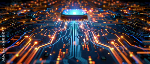 A glimpse into the digital heart. An abstract representation of a computer motherboard, highlighting the intricate connections and pathways that enable software development