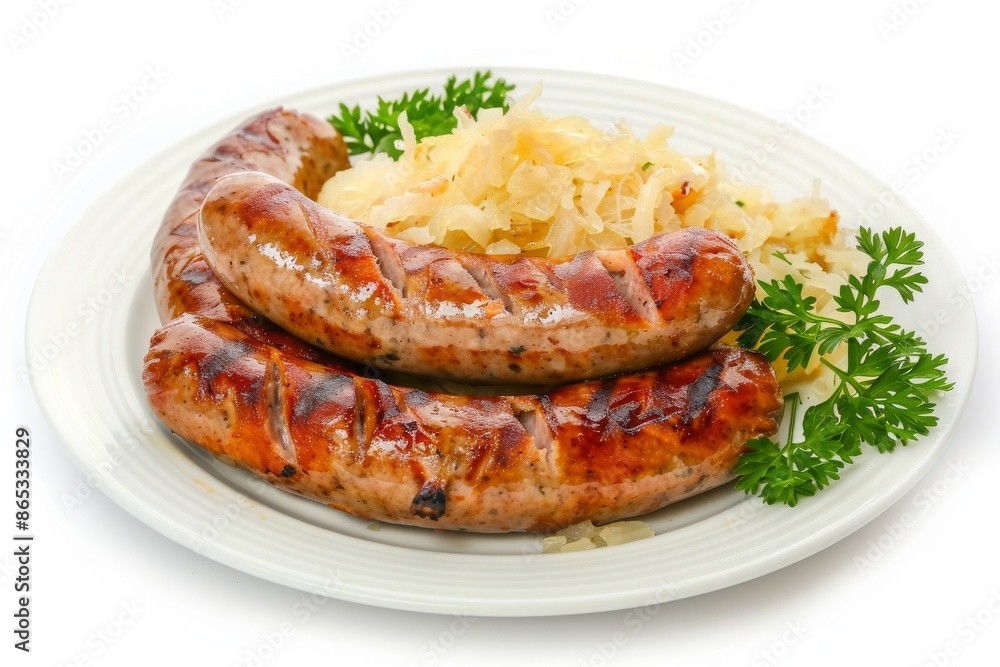 Plate of Grilled Sausages and Sauerkraut Isolated on a white Background Plate of Grilled Sausages and Sauerkraut Isolated on a white Background