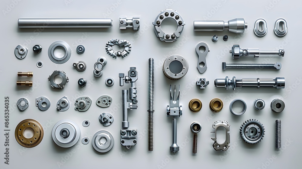 The knolling of mechanical parts in aluminum and stainless steel, presented in a flat lay on a white background, with a hyper realistic photographic style. The knolling of mechanical parts in aluminum and stainless steel, presented in a flat lay on a white background, with a hyper realistic photographic style.