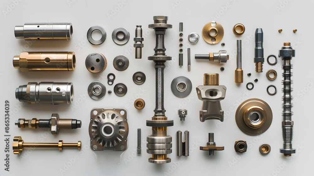 The knolling of mechanical parts in aluminum and stainless steel, presented in a flat lay on a white background, with a hyper realistic photographic style. The knolling of mechanical parts in aluminum and stainless steel, presented in a flat lay on a white background, with a hyper realistic photographic style.