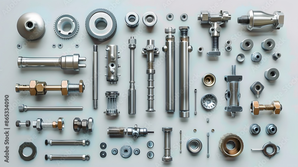 The knolling of mechanical parts in aluminum and stainless steel, presented in a flat lay on a white background, with a hyper realistic photographic style. The knolling of mechanical parts in aluminum and stainless steel, presented in a flat lay on a white background, with a hyper realistic photographic style.