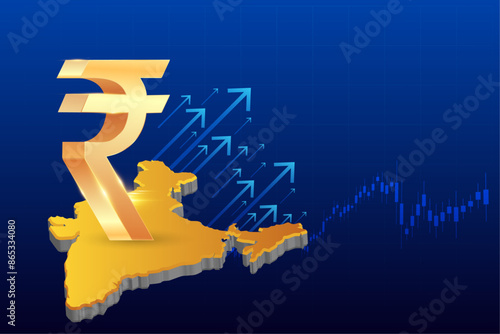 Stock market or stock exchange or financial technology concept banner, poster or web background with golden rupee icon and trading background. 