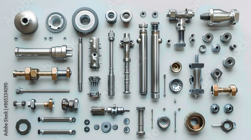 The knolling of mechanical parts in aluminum and stainless steel, presented in a flat lay on a white background, with a hyper realistic photographic style.
