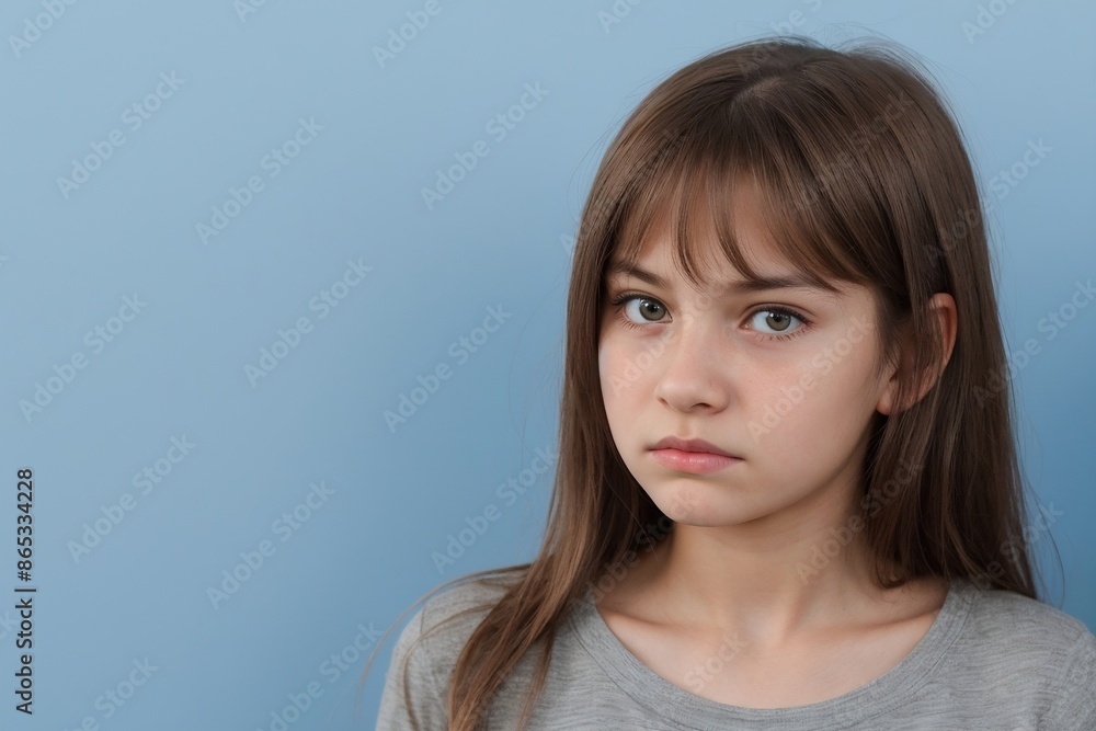 Young girl with angry or dissatisfied face standing against a blue background with copy space.