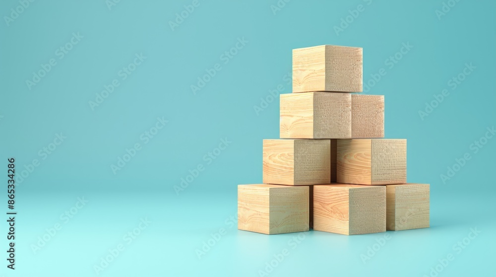 Obraz premium Metaphorical wooden block construction on blue background depicting success and achievement