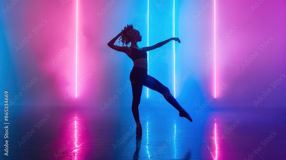 Modern dance girl dancer dancing in neon light doing gymnastic exercises in studio, copy space. Modern dance girl dancer dancing in neon light doing gymnastic exercises in studio, copy space.