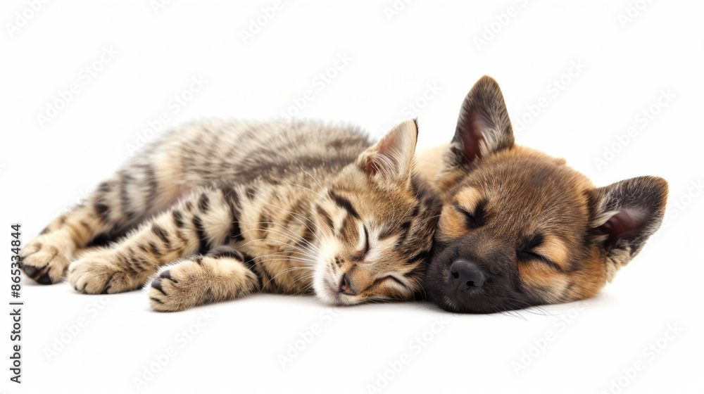 Cute dog and cat together isolated on white background.