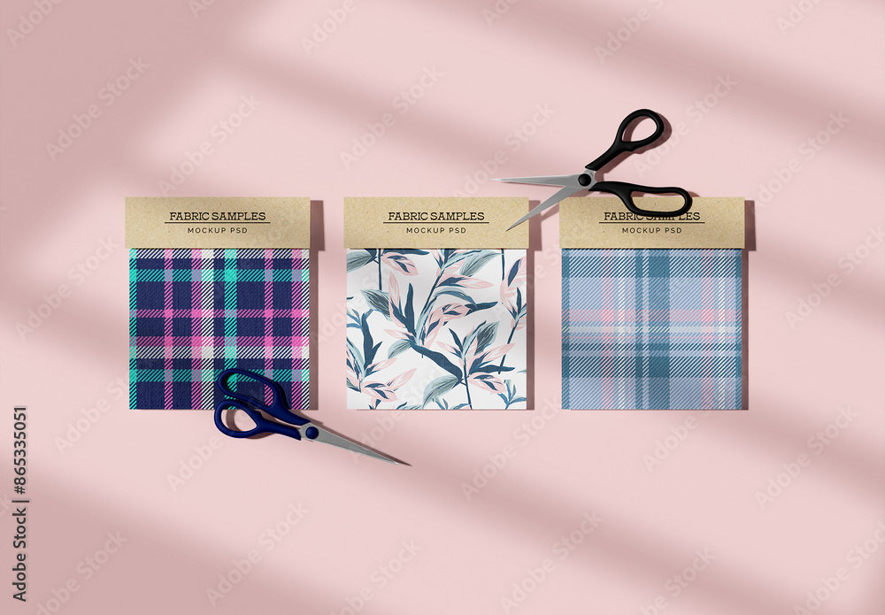 Top View of Fabric Swatches with Scissors Mockup Stock Template | Adobe ...