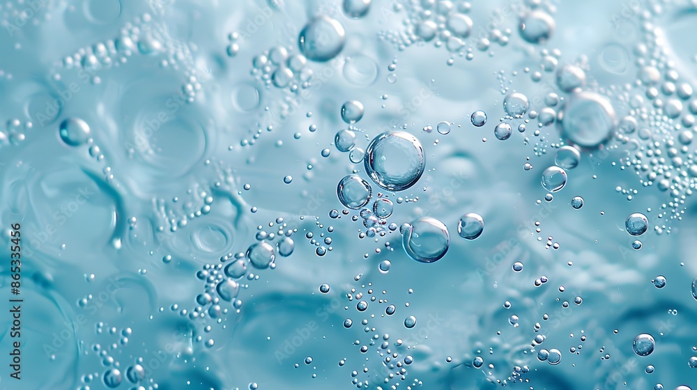 Water drops on a light blue background, bubbles and foam in the texture of water, a macro close up view of a fresh clean surface with air caustics. Water drops on a light blue background, bubbles and foam in the texture of water, a macro close up view of a fresh clean surface with air caustics.