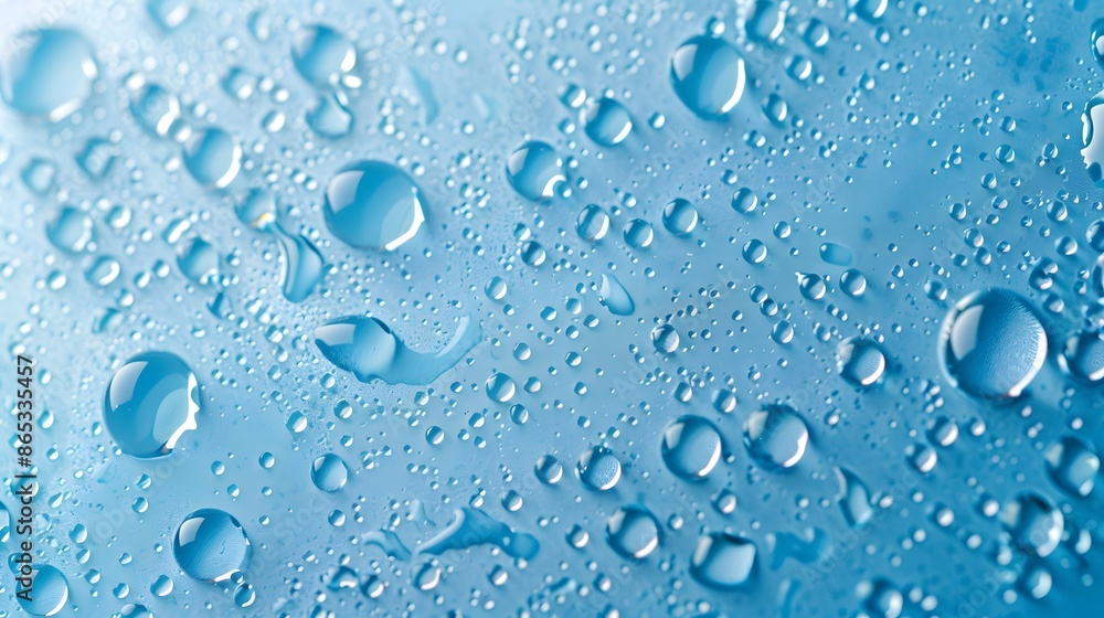 Water drops on a light blue background, bubbles and foam in the texture of water, a macro close up view of a fresh clean surface with air caustics. Water drops on a light blue background, bubbles and foam in the texture of water, a macro close up view of a fresh clean surface with air caustics.