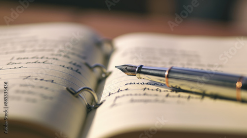 Open journal with handwritten notes and a pen