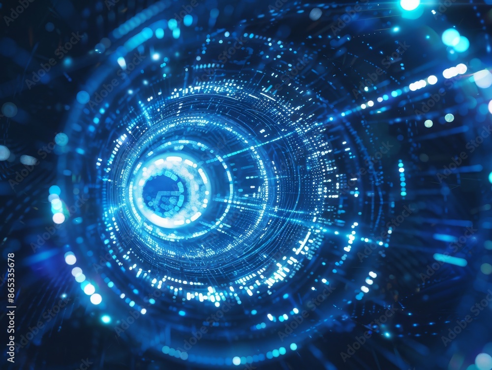 Fototapeta premium An abstract digital vortex with blue light particles swirling around a central point