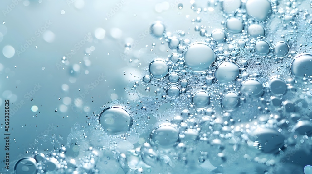 Water drops on a light blue background, bubbles and foam in the texture of water, a macro close up view of a fresh clean surface with air caustics. Water drops on a light blue background, bubbles and foam in the texture of water, a macro close up view of a fresh clean surface with air caustics.