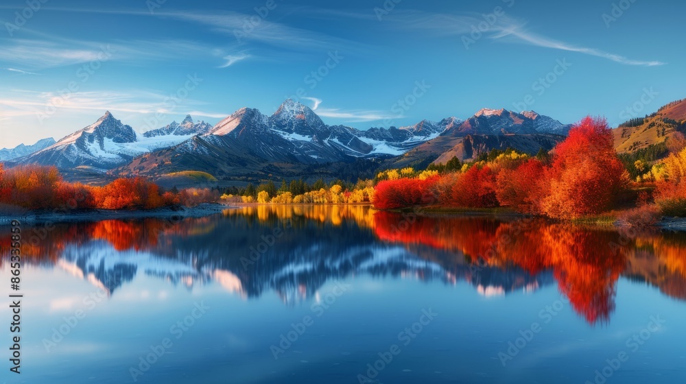 Panoramic View of Serene Mountain Landscape with Vibrant Autumn Foliage Reflecting on a Tranquil Lake at Sunset, background wallpape Panoramic View of Serene Mountain Landscape with Vibrant Autumn Foliage Reflecting on a Tranquil Lake at Sunset, background wallpape