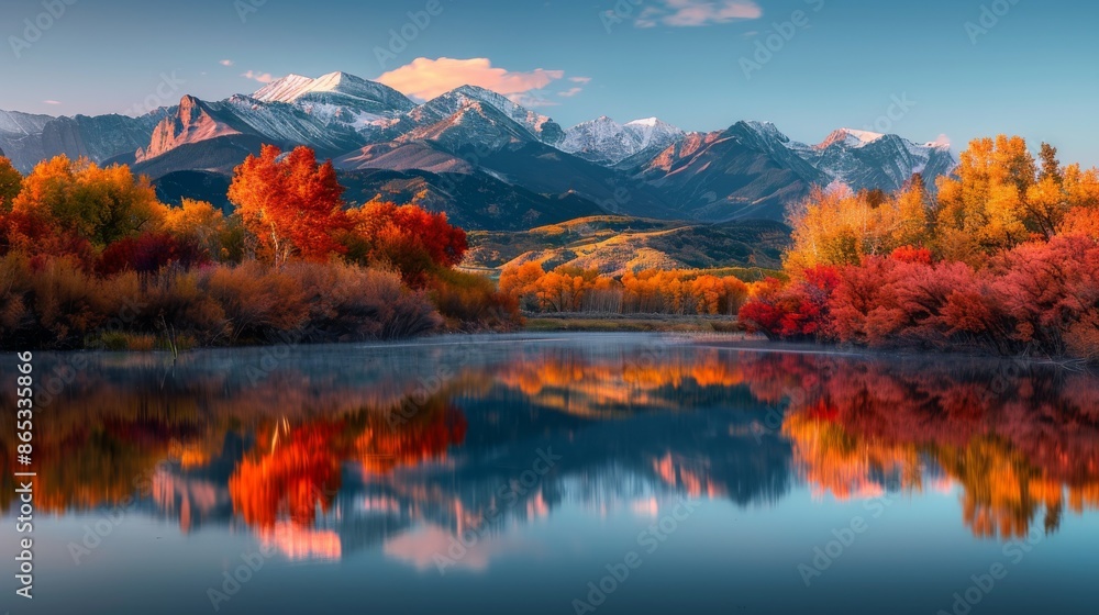 Obraz premium Panoramic View of Serene Mountain Landscape with Vibrant Autumn Foliage Reflecting on a Tranquil Lake at Sunset
