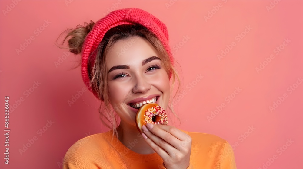 Radiant young woman savoring a delicious donut with a joyful smile Radiant young woman savoring a delicious donut with a joyful smile
