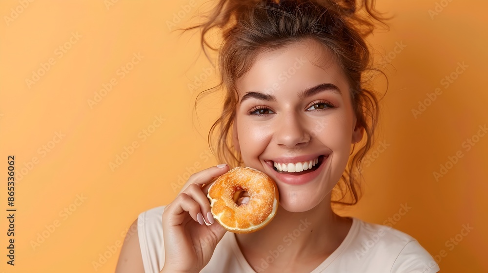 Radiant Woman Indulging in Delightful Donut Moment of Happiness and Pleasure Radiant Woman Indulging in Delightful Donut Moment of Happiness and Pleasure