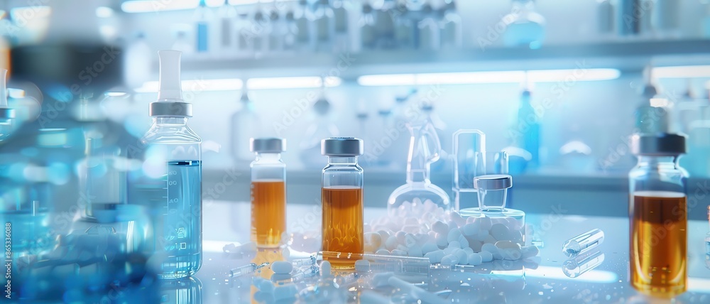 A scientist conducting experiments with vials and bottles as part of healthcare research A scientist conducting experiments with vials and bottles as part of healthcare research