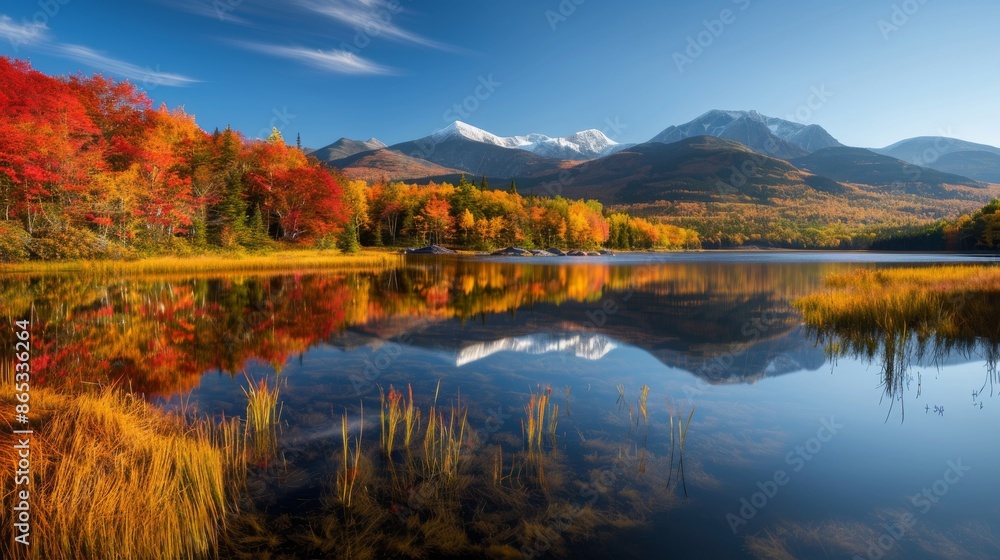 Panoramic View of Serene Mountain Landscape with Vibrant Autumn Foliage Reflecting on a Tranquil Lake at Sunset Panoramic View of Serene Mountain Landscape with Vibrant Autumn Foliage Reflecting on a Tranquil Lake at Sunset