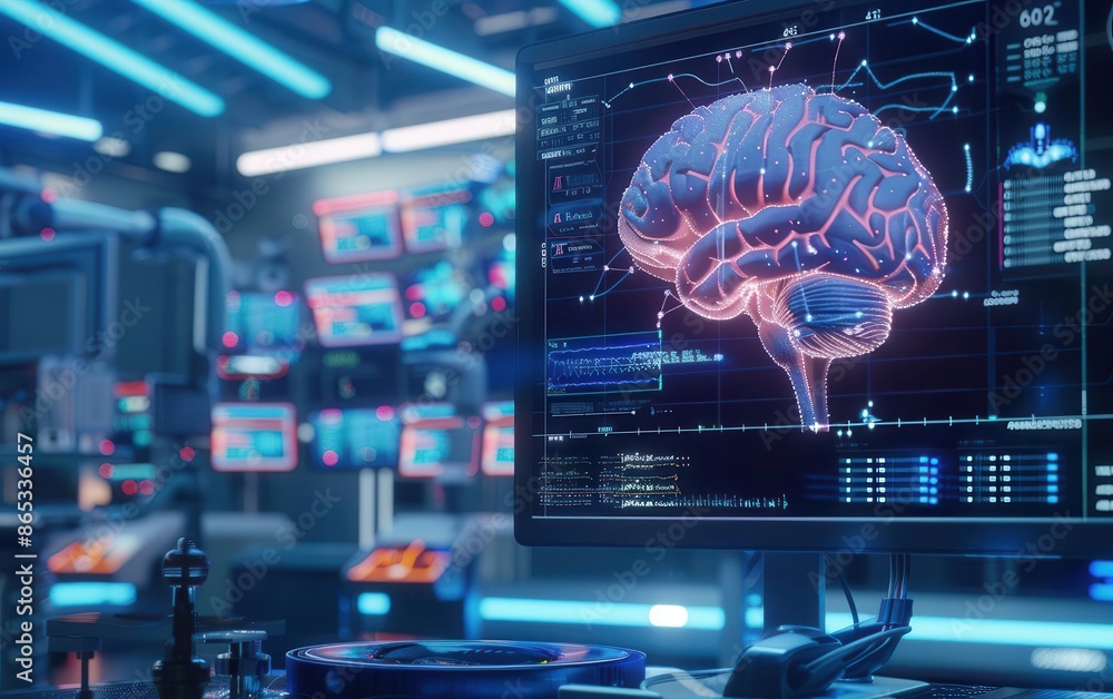 An AI analyzing neurological data in a futuristic medical setting An AI analyzing neurological data in a futuristic medical setting