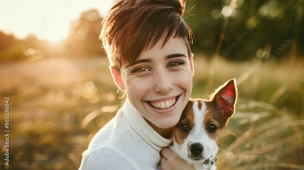 Woman Smiling and Holding a Small Dog in a Sunlit Park Woman Smiling and Holding a Small Dog in a Sunlit Park