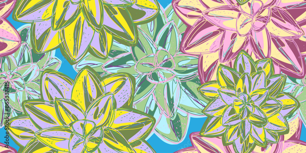 Fototapeta premium Fantasy stylized floral pattern succulents desert rose, seamless endless vector rapport with overlapping pattern