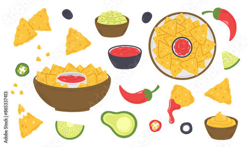 A set of Mexican snack nachos in a flat cartoon style isolated on a white background. Vector clipart illustration of Mexican traditional food