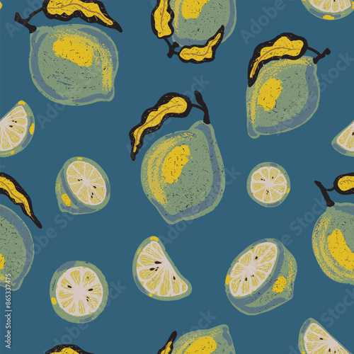 Texture stylized pattern with lemons and limes seamless endless vector rapport with overlapping pattern