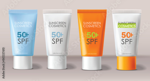 Realistic sunscreen bottle cosmetics, isolated product, packaging mockup, pastel background, vector