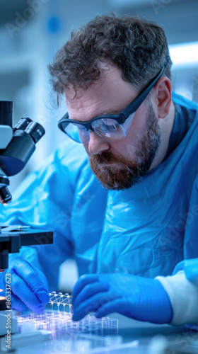 A nanotechnologist, feeling meticulous, working on tiny structures under a microscope, hightech lab photo