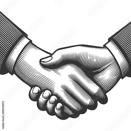 Businessman firm handshake, symbolizing trust, agreement, and partnership in a vintage style sketch engraving generative ai vector illustration. Scratch board imitation. Black and white image.