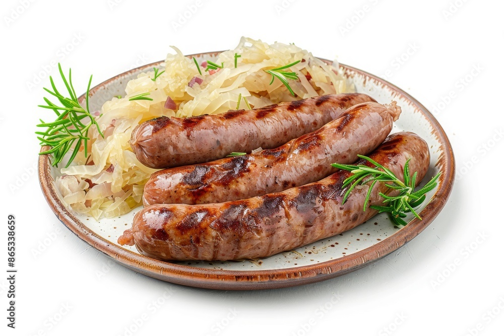 Plate of Grilled Sausages and Sauerkraut Isolated on a white Background Plate of Grilled Sausages and Sauerkraut Isolated on a white Background