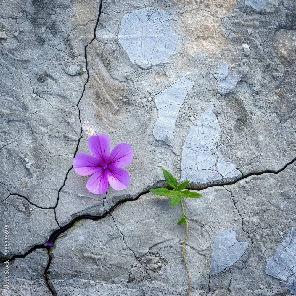 A purple flower is growing out of a crack in a concrete wall. The ...