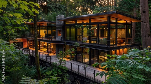 modern ecohouse nestled in lush forest floortoceiling windows sustainable materials sunset glow © furyon