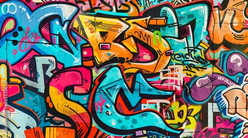 A colorful graffiti art piece on a brick wall.