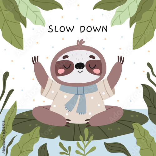 A cute sloth is meditating in the middle of the tropics in a cartoon style.Happy calm baby character resting.
