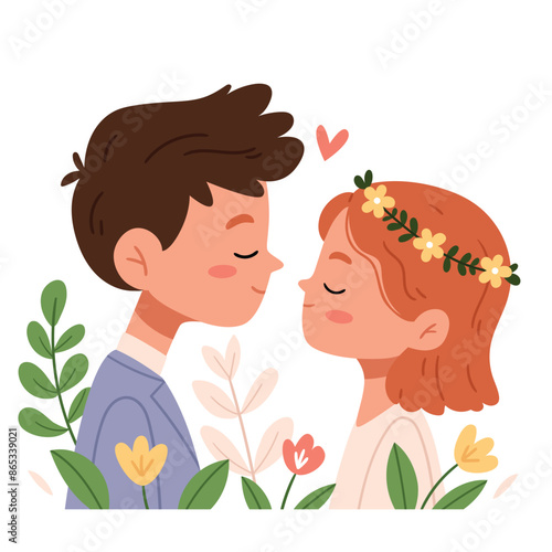 A couple in love in a cartoon style. A girl in a wreath and a boy kissing in the middle of flowers.Supportive romantic relationships, tenderness, trust concept.