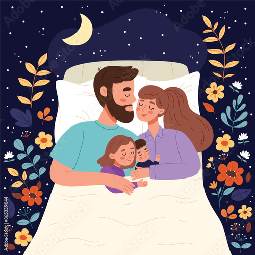Mom, dad, daughter and son sleep together. Happy family.Childcare and parenthood concept.
