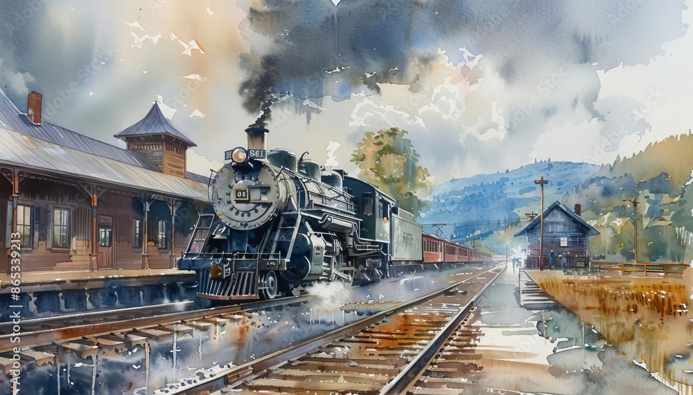 Watercolor painting of a steam locomotive pulling into a quaint train station surrounded by scenic countryside and mountains. Watercolor painting of a steam locomotive pulling into a quaint train station surrounded by scenic countryside and mountains.